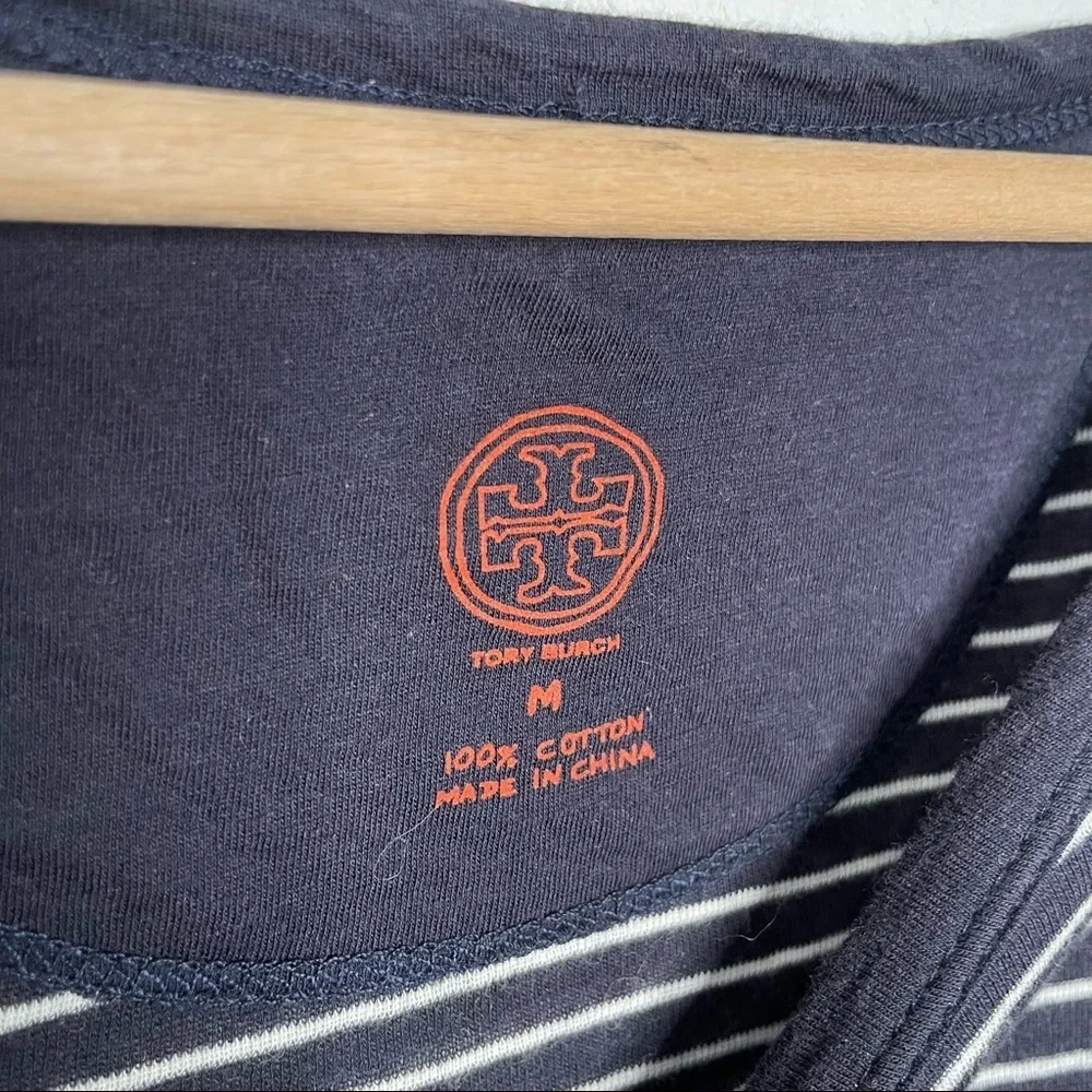 Tory Burch | Navy Blue and White Stripe Tee With Sleeve Pocket